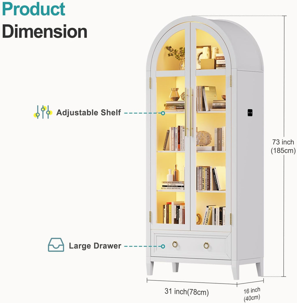 Lvifur 73' Tall Arched Display Cabinet with Glass Doors,4-Tier Curio Cabinets with 3 Color Lights for Collectibles,LED Storage Cabinet with Human Body Sensor,Ajustable Shelf for Toys, Books,White