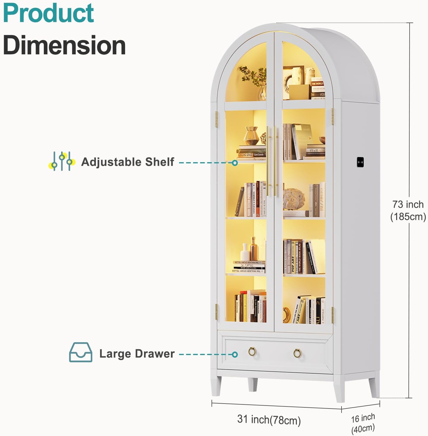 Lvifur 73' Tall Arched Display Cabinet with Glass Doors,4-Tier Curio Cabinets with 3 Color Lights for Collectibles,LED Storage Cabinet with Human Body Sensor,Ajustable Shelf for Toys, Books,White