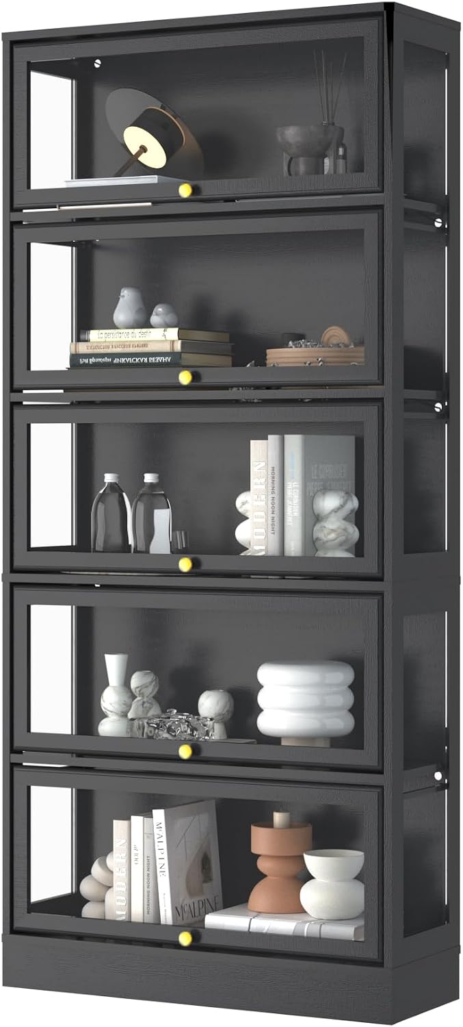 Display Cabinet with Acrylic Glass Doors,5-Tiers Curio Cabinet with LED Lighting for Collectibles, Collectibles Toy Organizers Rack & Display Shelf Display Case Storage Cabinet, Black