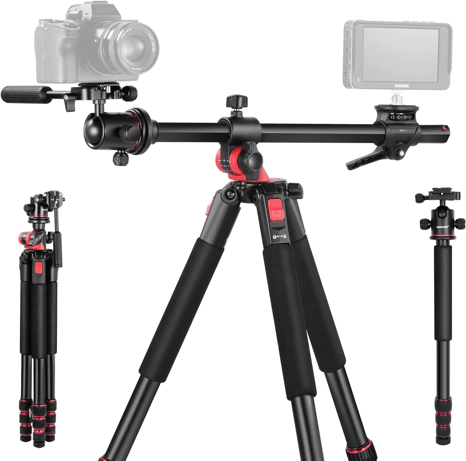 NEEWER 73.6' Horizontal Tripod with Multi Angle Center Column, Ball Head & Central Axis Platform, Heavy Duty Aluminum Camera Tripod Monopod 360° Pan 180° Tilt for Overhead/Macro Shots, Max Load 22lb