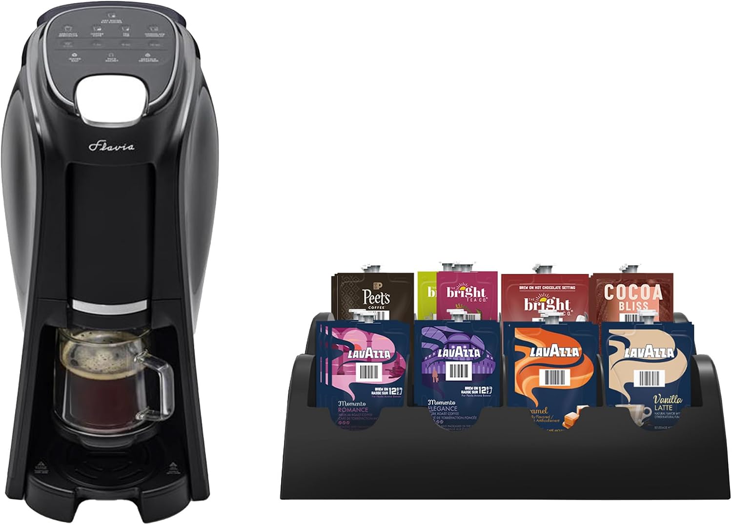 Flavia Aroma Brewer Bundle with 84 Freshpacks and 1 Merchandiser - Coffee Machine, Makes Coffee, Lattes, Tea, and other Hot or Iced Beverages, Multiple Brew Sizes, Grey, Works ONLY with Freshpacks
