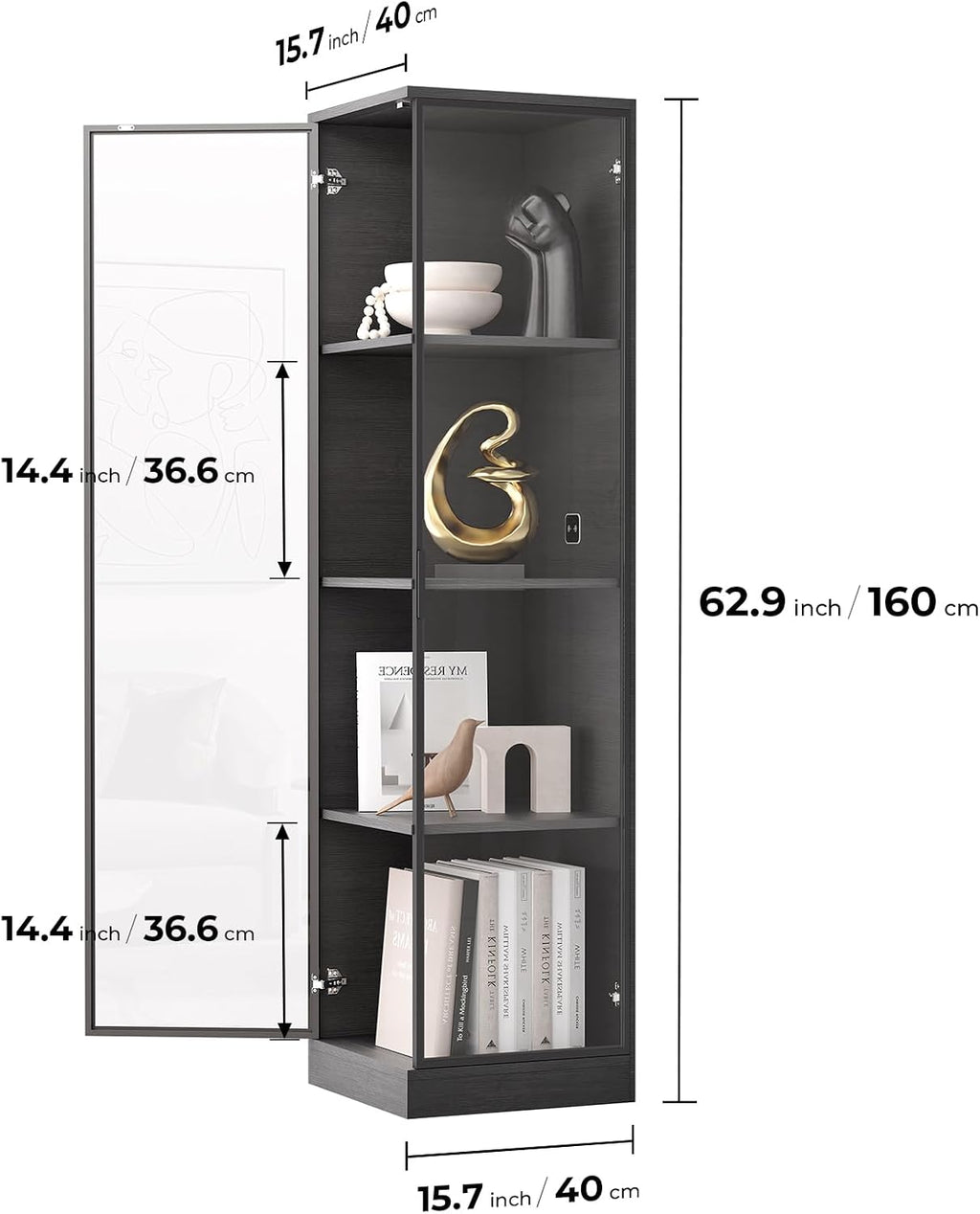 BROTTAR Corner Display Cabinet with Doors, 4-Tier Curio Cabinet for Collectibles, Display Case with 3 Color Light, Storage Cabinets with Door, Bookcase with Human Body Sensor, Black (15.7' W)