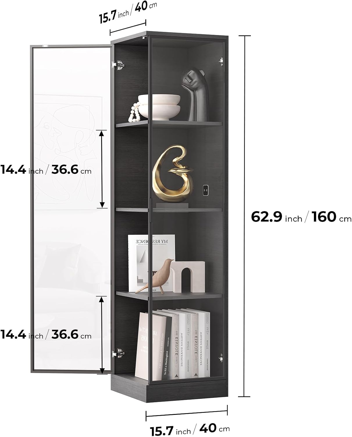 BROTTAR Corner Display Cabinet with Doors, 4-Tier Curio Cabinet for Collectibles, Display Case with 3 Color Light, Storage Cabinets with Door, Bookcase with Human Body Sensor, Black (15.7' W)