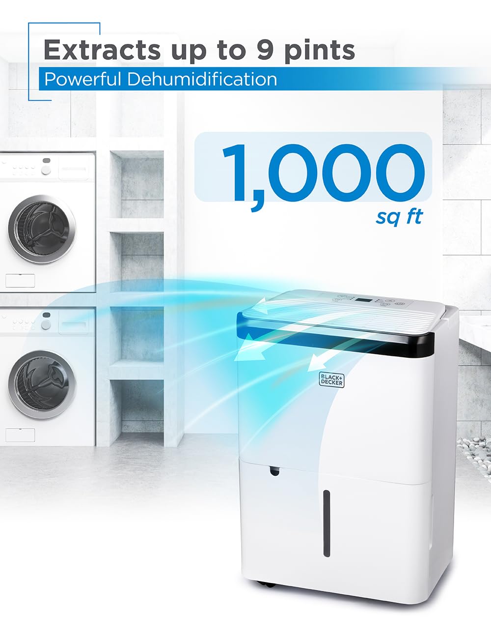 BLACK+DECKER 1000 Sq. Ft. Dehumidifier for Home, Bedroom and Basement, Up To 9 Pints Per Day, ENERGY STAR Certified, 3.3-Pint Bucket, LED Display, Auto Defrost & Restart, BDT08TW, White