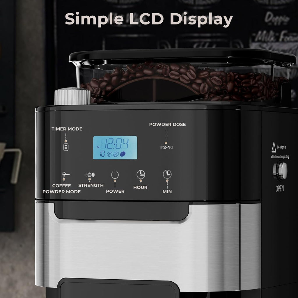 Drip Coffee Maker with Grinder Built In, 10-Cup Grind and Brew Coffee Machine Fully Automatic, Programmable with Brew Strength, Permanent Filter, Glass Carafe, 50oz Water Tank, Ideal for Home/Office