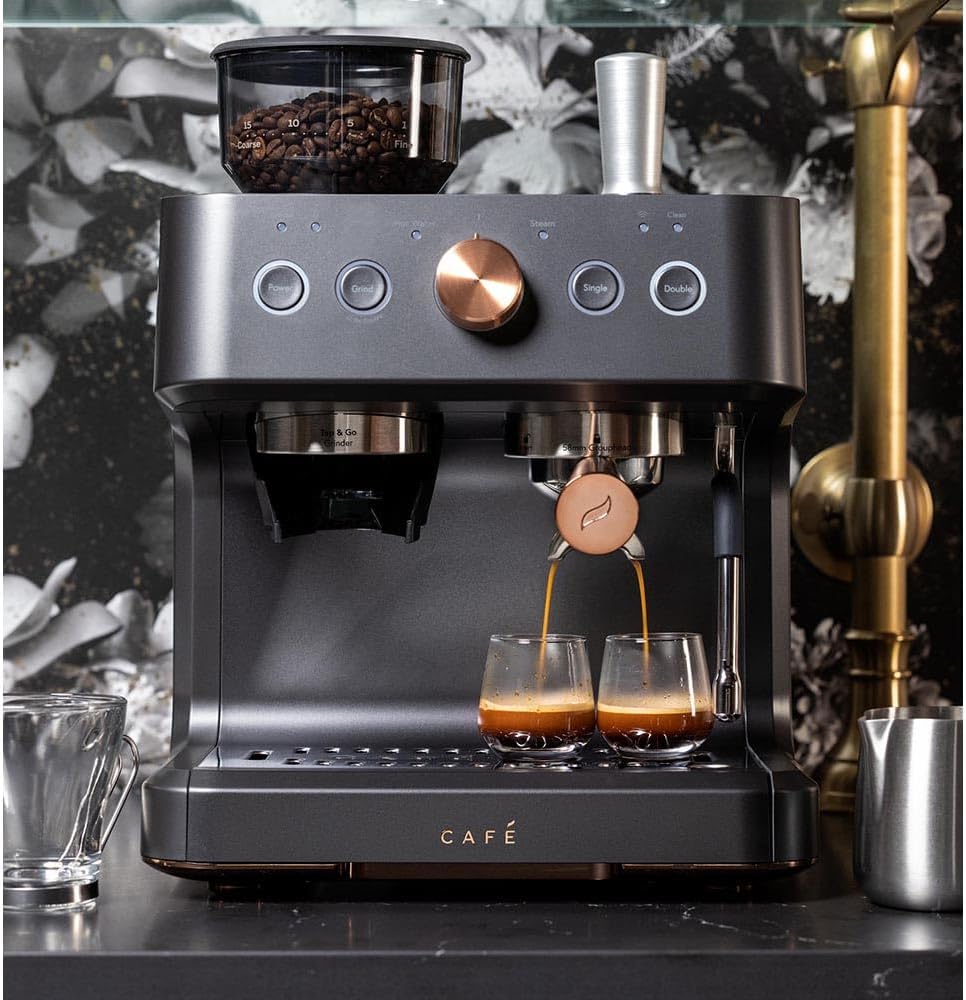 Café Bellissimo Semi Automatic Espresso Machine with Grinder & Milk Frother | Copper Accents | WiFi App Control | Large 95oz Tank | Matte Black