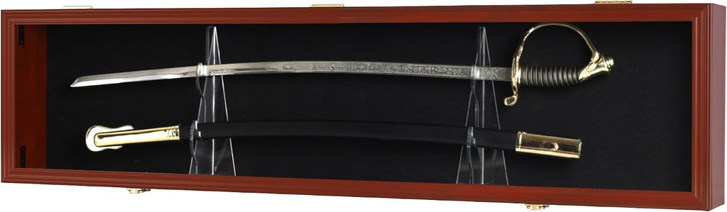 Sword Display Case Cabinet Stand Holder Wall Rack Holds Military Saber or Samurai Sword Lockable UV Protection Door Black Felt Inside, with Mahogany Finish Frame
