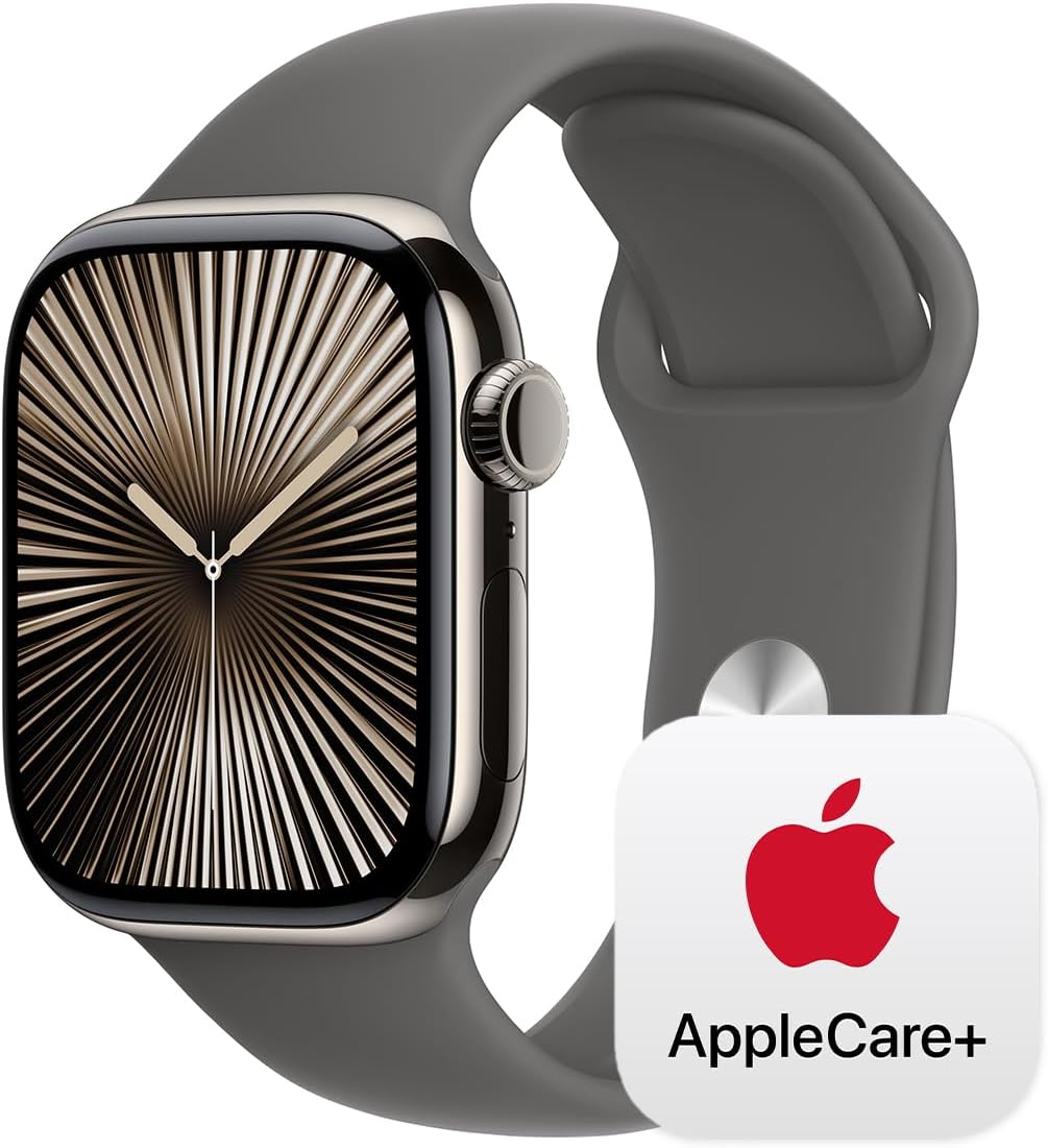 Apple Watch Series 10 [GPS + Cellular 42mm] with Natural Titanium Case with Stone Grey Sport Band - S/M. Fitness Tracker, ECG App, Always-On Retina Display, Water Resistant with AppleCare+ (2 Years)