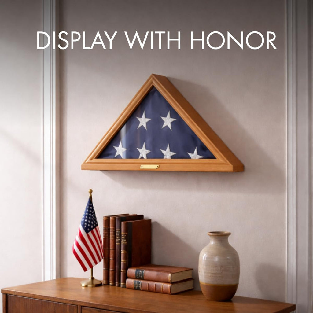 Bey-Berk Custom Personalized Solid Wood Triangle Glass Front Flag Display Case (Oak)