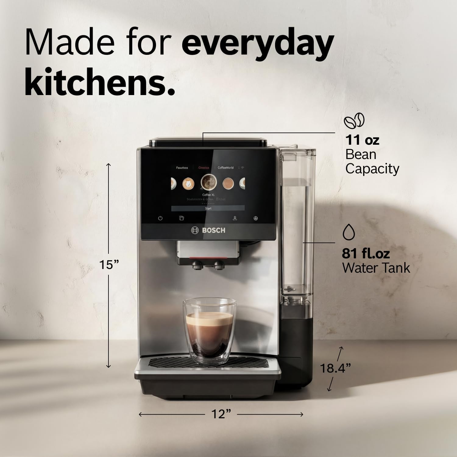 Bosch Fully Automatic Coffee and Espresso Machine - 36 Drinks, Double Cup Barista Style Super Coffee Maker - Touchscreen, Large Bean Capacity - Easy Clean, Maintenance - Metallic Silver - TPU60501