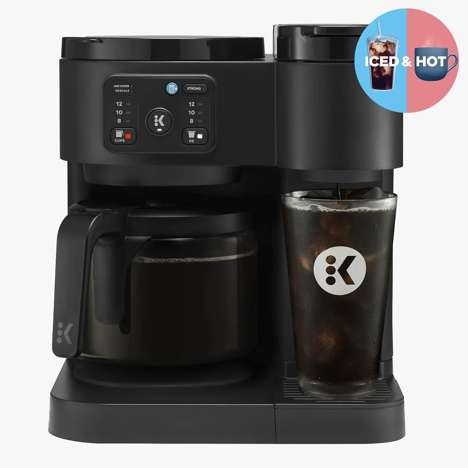 K-Duo Essentials, Hot & Iced Single-Serve Pod Coffee Maker & Carafe, 72 Oz Reservoir, Multiple Brew Sizes, Strong Brew Feature, Perfect for Hot and Iced Coffee (BLACK)