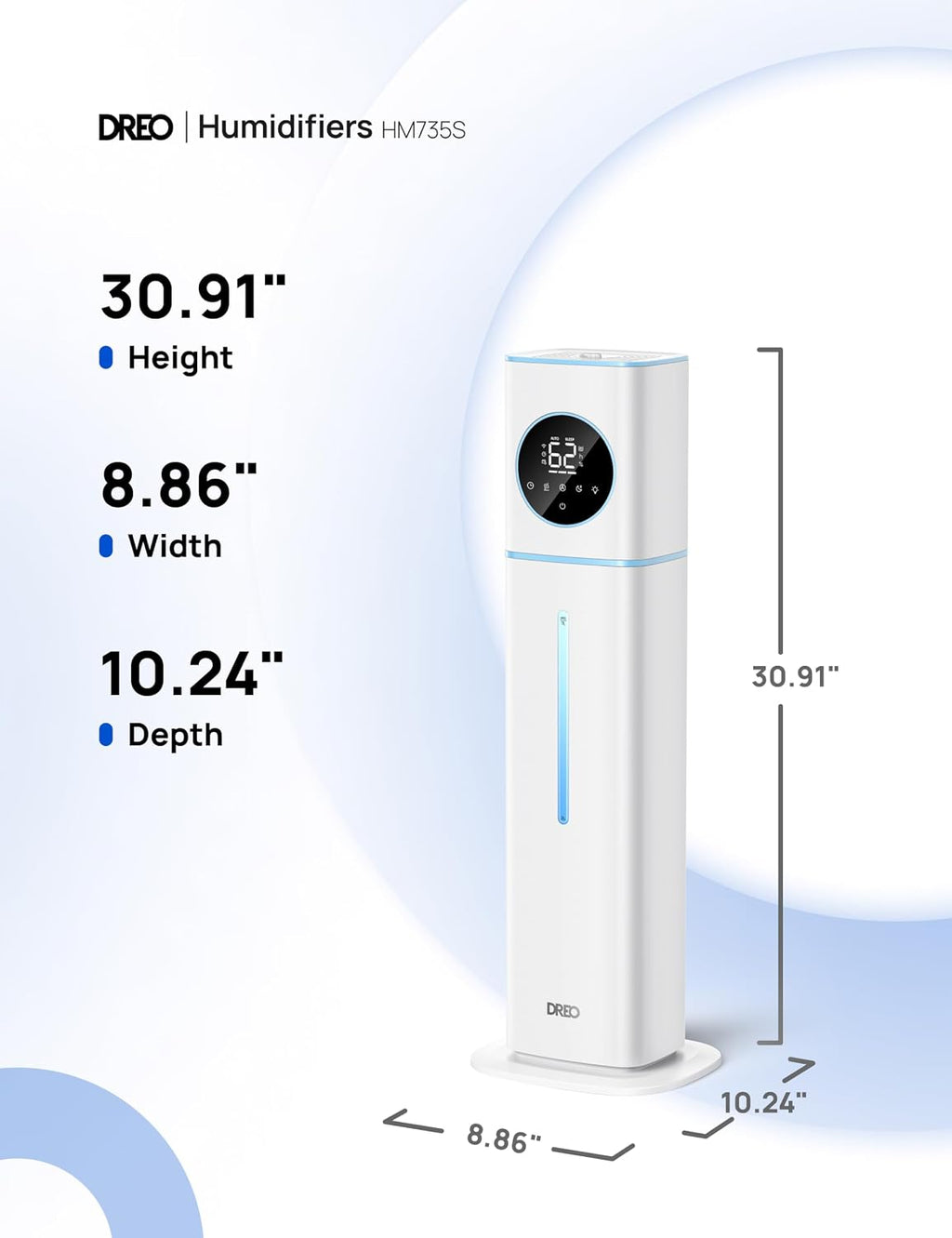 DREO HM735S 11L Smart Humidifier Large Room 700 ft², 100H Cool Mist Air Humidifiers for Bedroom, Top-Fill, Clean Tank Technology, 26dB, Auto Mode, Aroma Box, RGB, Remote & APP Control, Baby, Blue