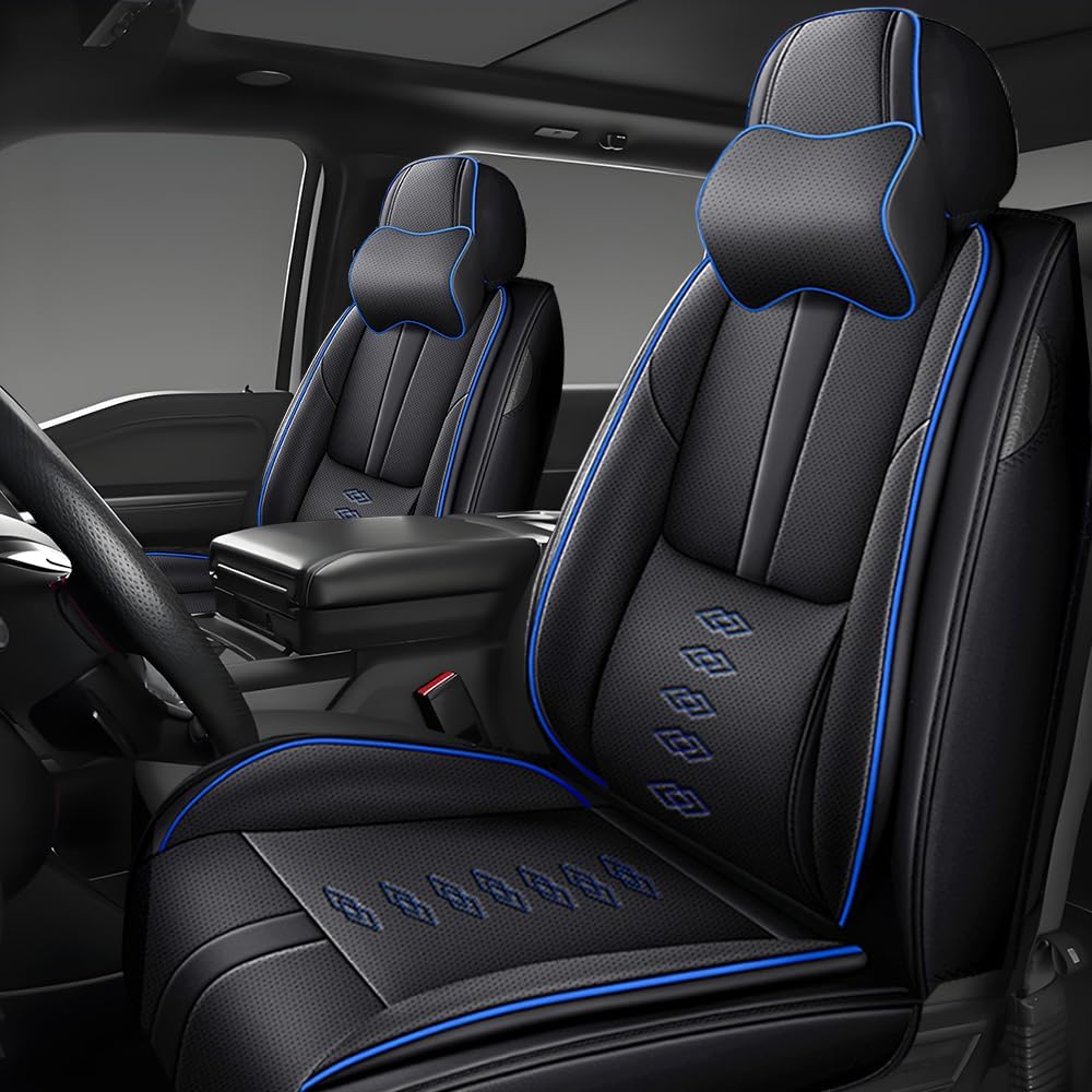Front Seat Covers for Chevrolet Blazer EV 2024 2025,Leather Car Seat Cover,Soft Seat Cushion Covers with Airbag,Waterproof Automobile Seat Protectors for Blazer EV(Black Blue,Deluxe)
