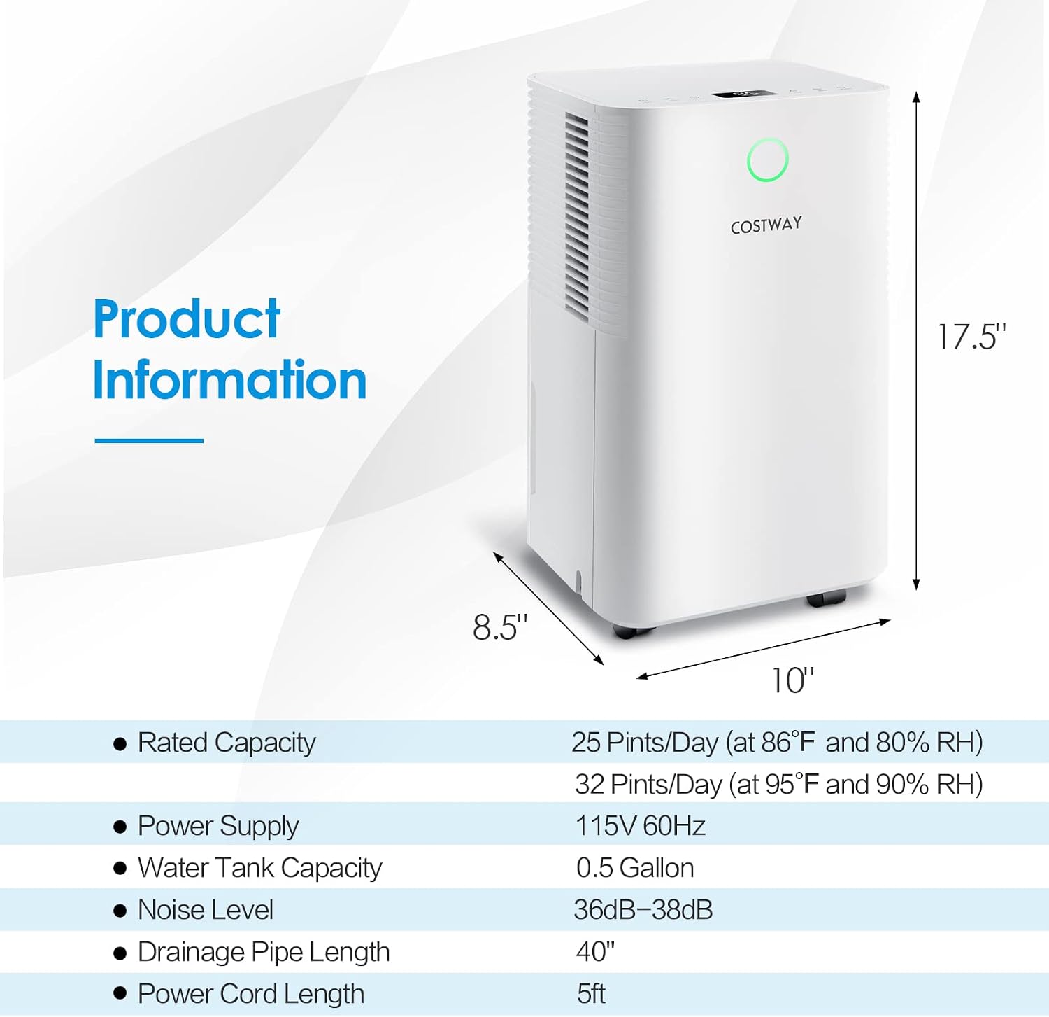 COSTWAY 2,000 Sq. Ft Dehumidifier for Home, 32 Pint Dehumidifier with 3 Modes, 2 Speeds, LED Touch Control Panel, 24H Timer Child Lock & Overflow Protection, Bedroom, Basement