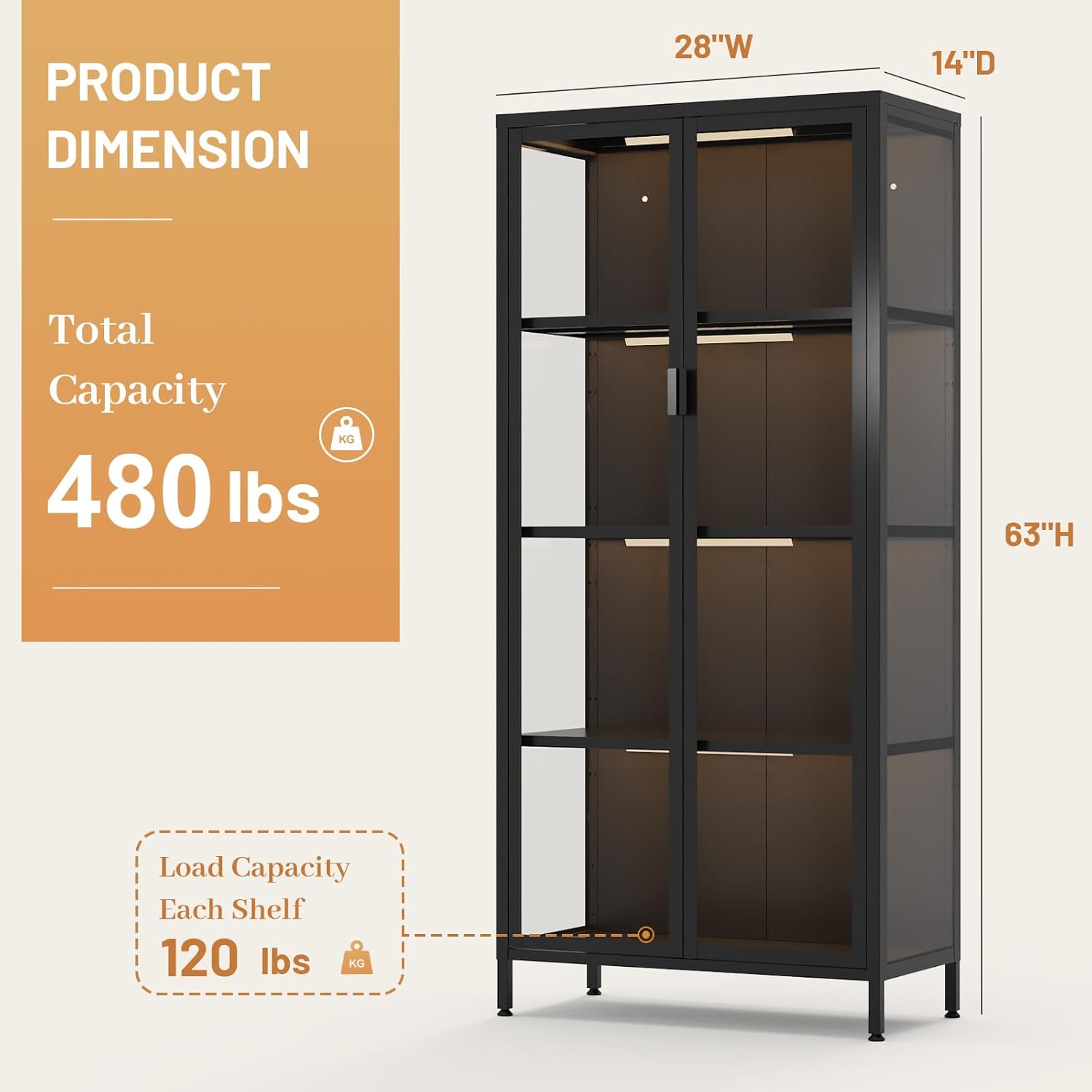 Eltean 63' H Display Cabinet with Glass Doors,4 Tiers Curio Display Case with 3 Colors LED Sensor Light,Glass Display Cabinets for Collectible with 3 Adjustable Shelves for Living Room,Bedroom,Office