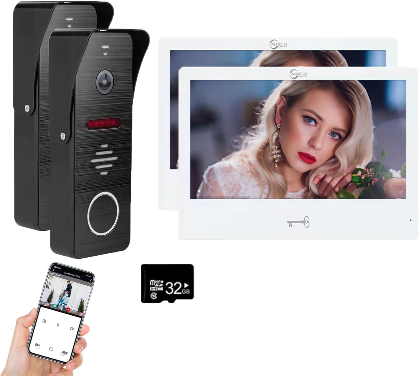 Ring Doorbell Wired,1080P Doorbell Camera(B),Indoor Outdoor Camera,10 Inch Monitor (W) Ring Video Doorbell with Night Vision,Dual-Way Intercom for Villa House Office Apartment (2 Bell +2 Screen)