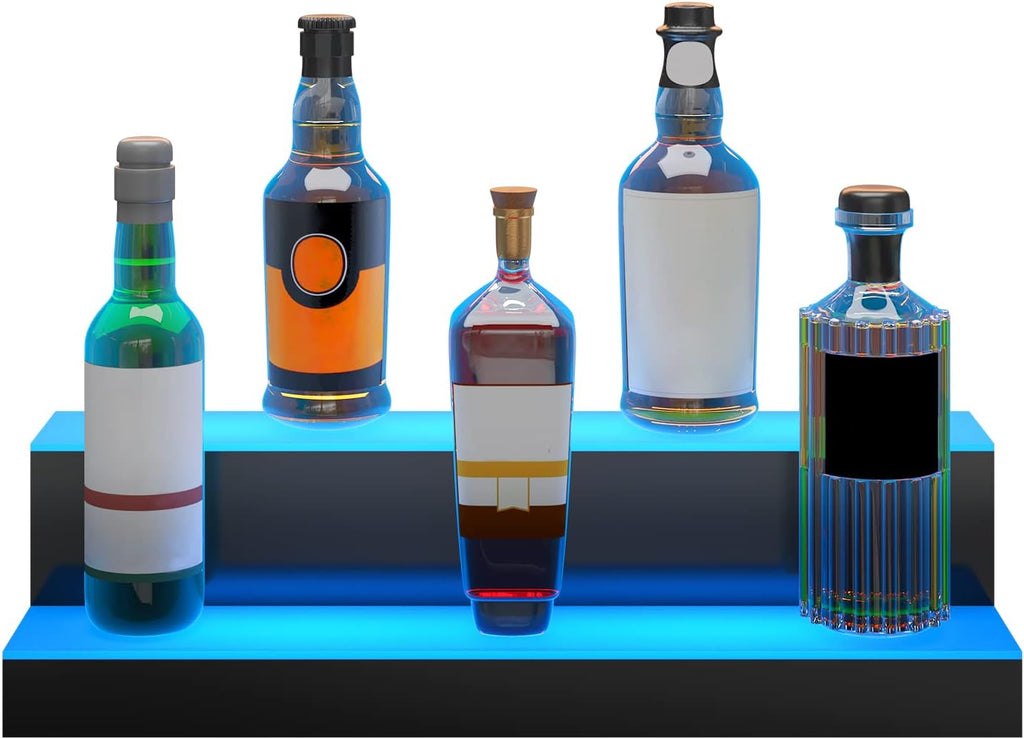VEVOR LED Lighted Liquor Bottle Display, 2 Tiers 24 Inches, Supports USB, Illuminated Home Bar Shelf with RF Remote & App Control 7 Static Colors 1-4 H Timing, Acrylic Lighted Shelf for 12 Bottles
