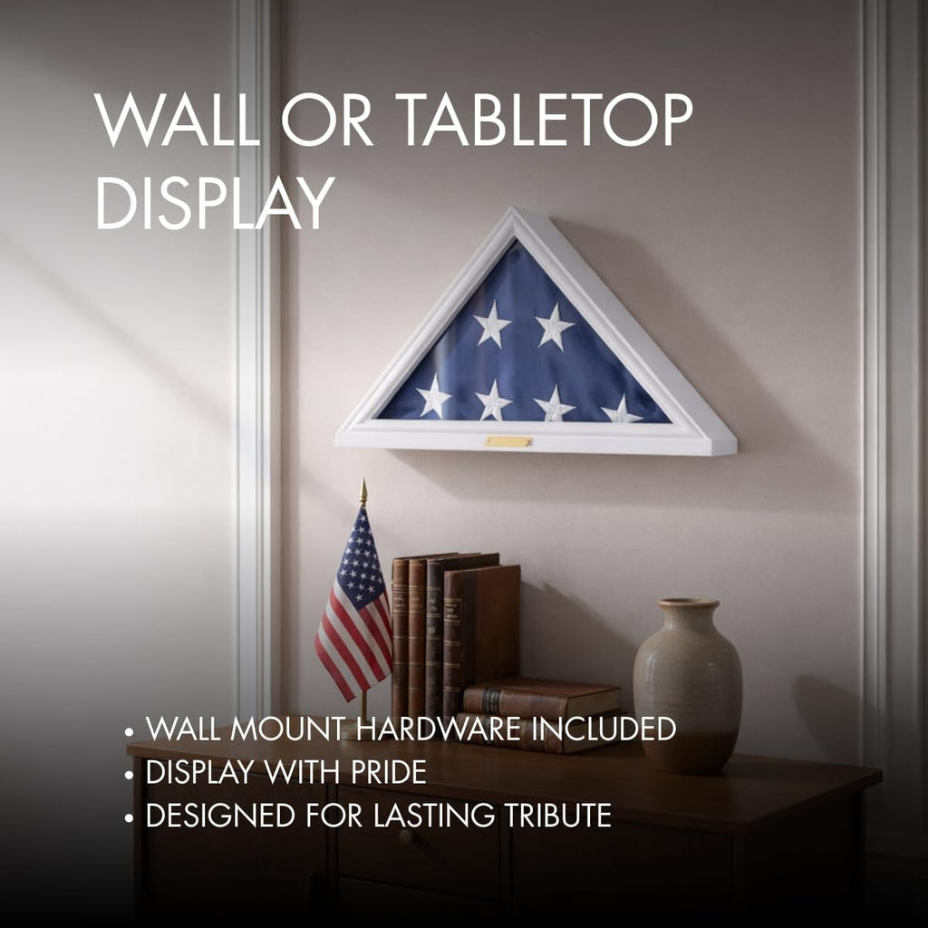 Bey-Berk Custom Personalized Solid Wood Triangle Glass Front Flag Display Case (White)