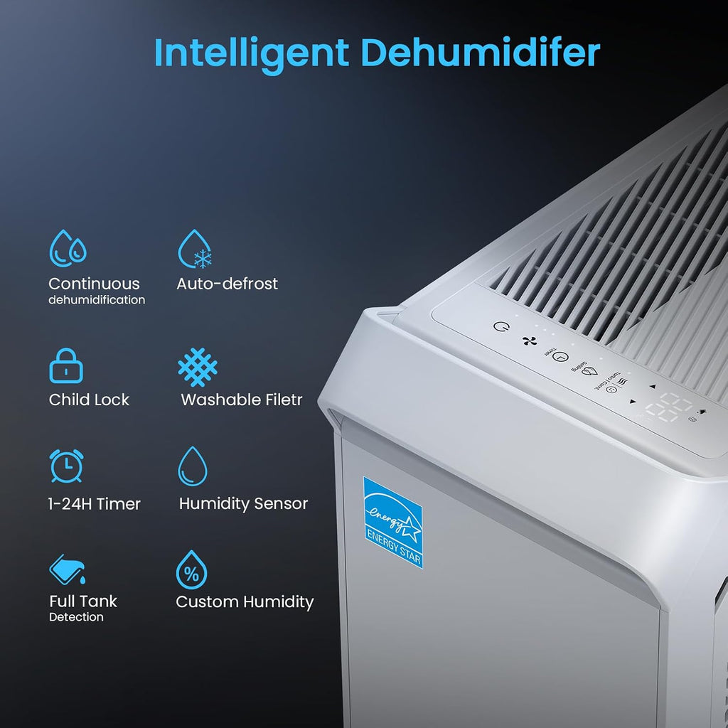 5,000 Sq.Ft Energy Star Dehumidifier, Vellgoo Max 100 Pint/D Smart Compressor Dehumidifier for Basement with Drain Hose, for Home,Large Rooms