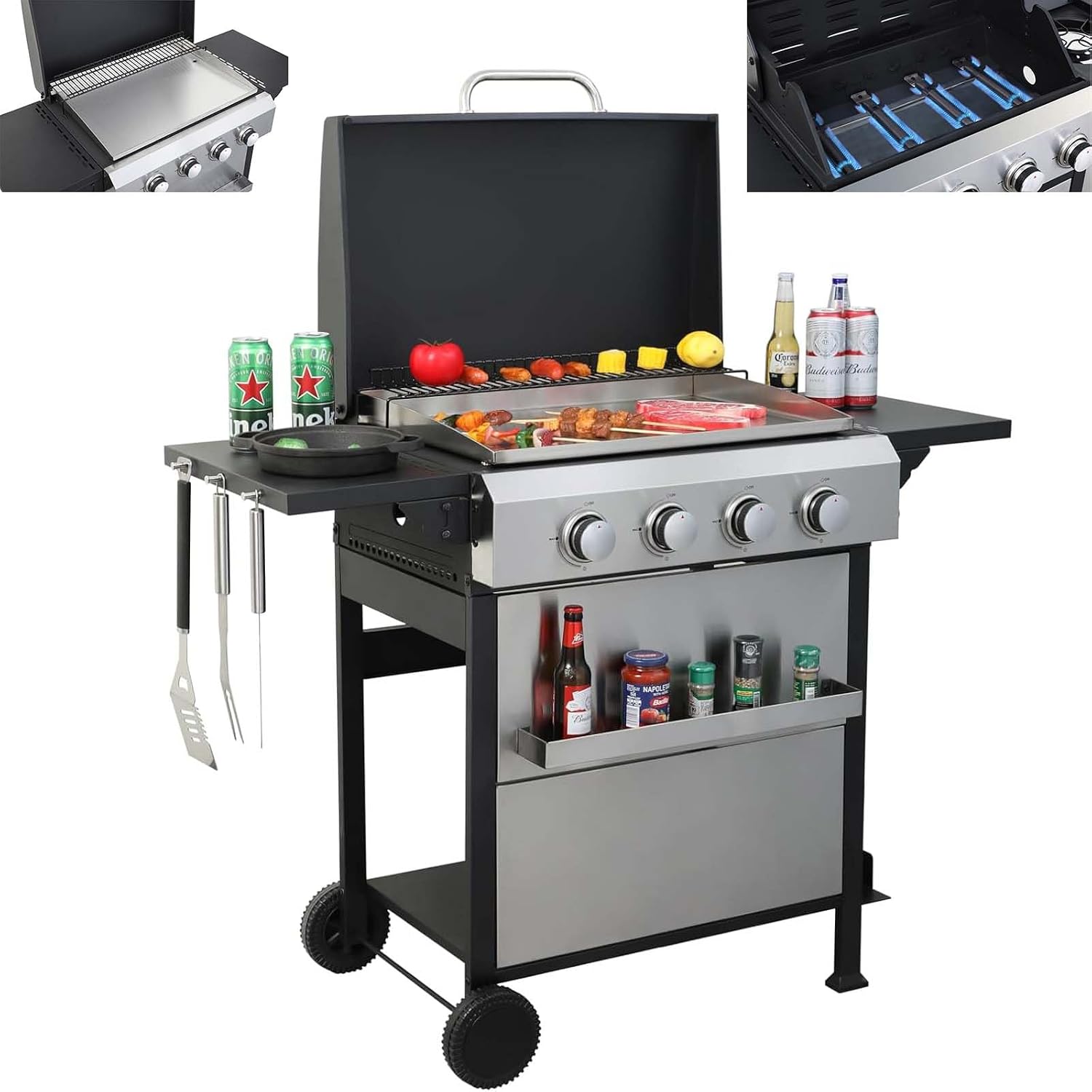 4-Burner Propane Gas BBQ Grill with Wire Enamel Cooking Grids&Plancha, 49,200 BTU Output Stainless Steel Grill with Foldable Side Table & Hanging Basket for Outdoor Backyard Barbecue