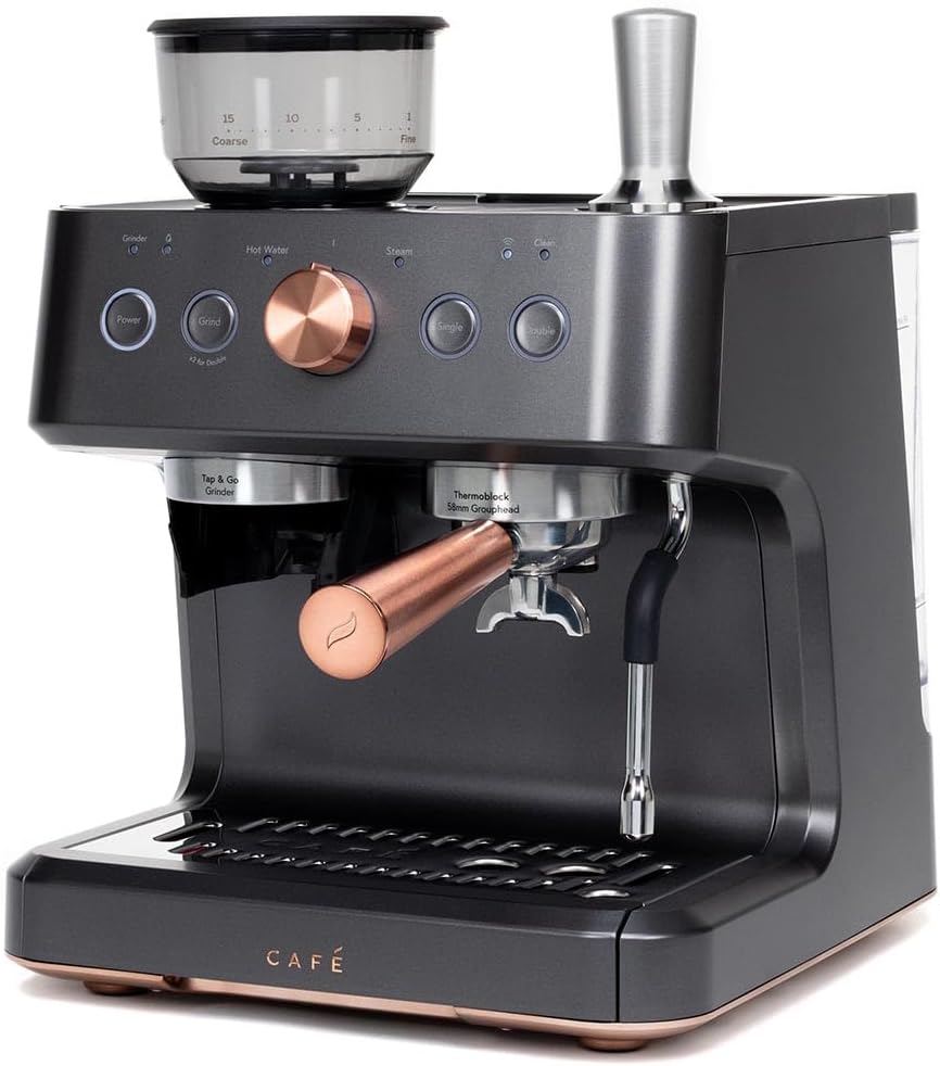 Café Bellissimo Semi Automatic Espresso Machine with Grinder & Milk Frother | Copper Accents | WiFi App Control | Large 95oz Tank | Matte Black