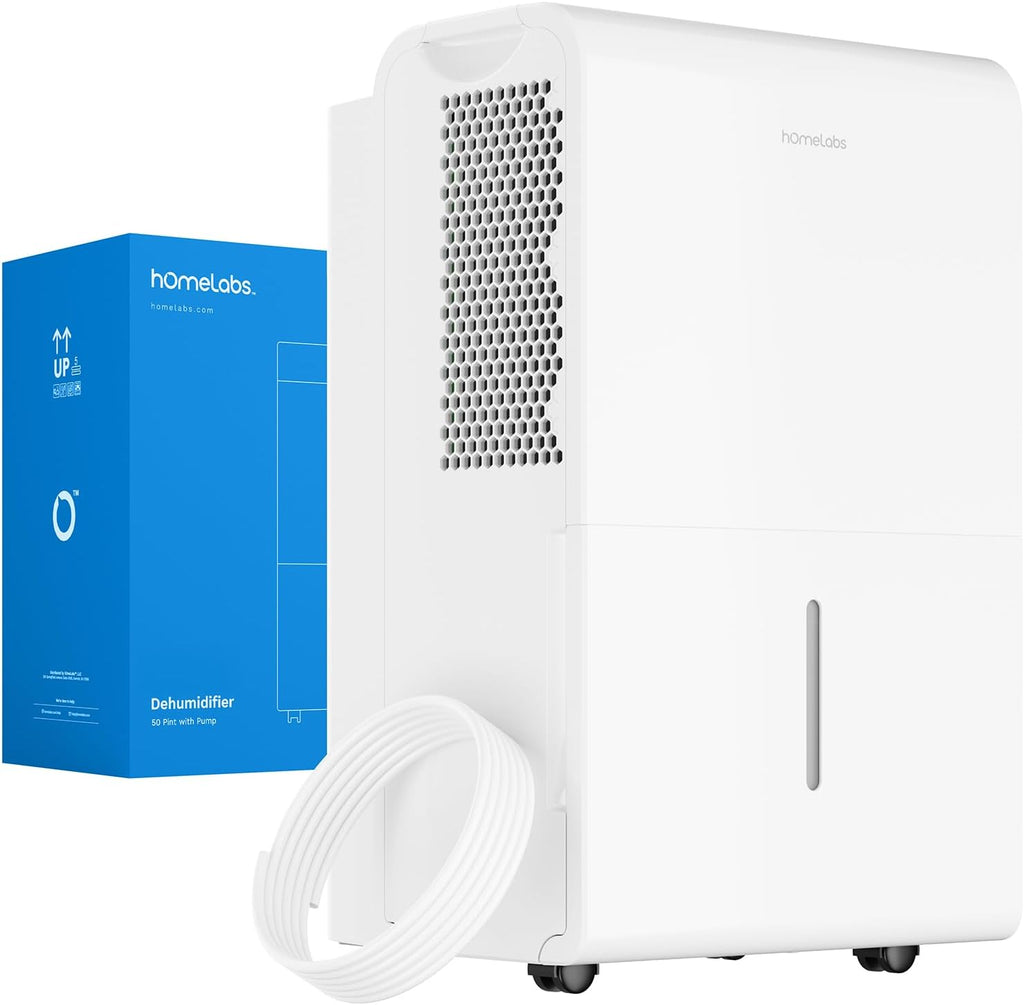 hOmeLabs Dehumidifier 7,500 Sq Ft Wi-Fi with Pump (50 Pint MAX 120 Pint at 95°F, 90% RH) for Home, Office, Basements with Powerful Moisture Removal, Humidity Control, Auto Shut-off, Quiet Operation