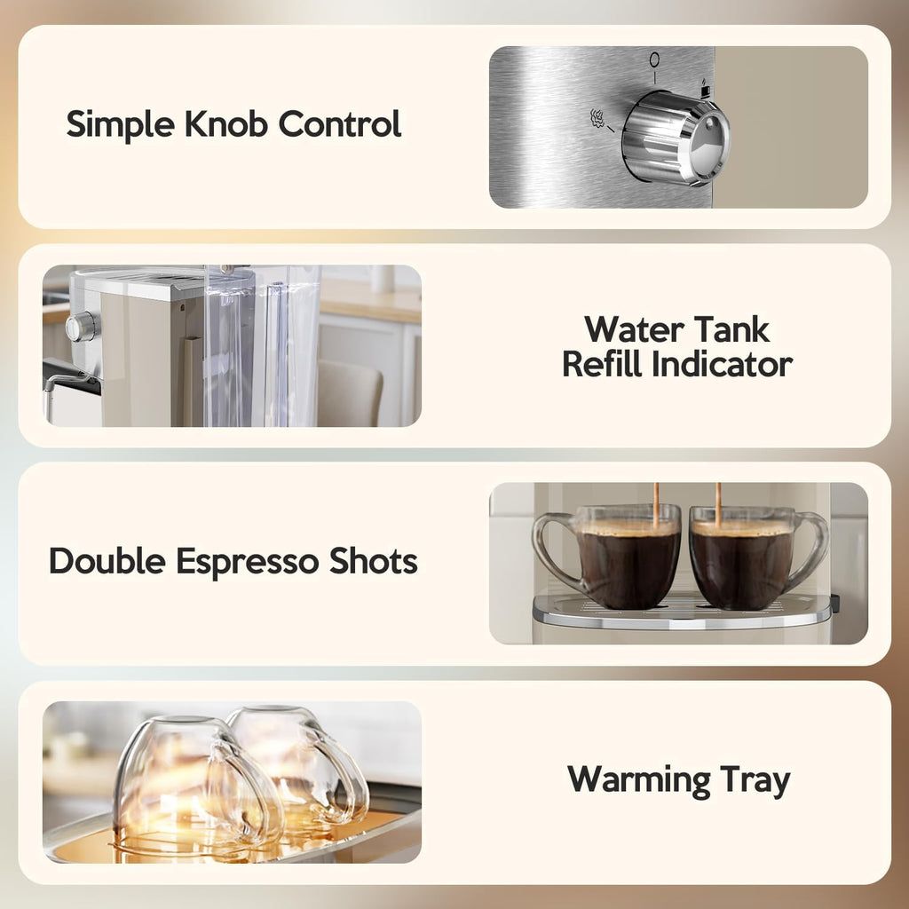 20 Bar Espresso Machine Semi-Automatic, Professional Coffee Maker with Milk Frother Steam Wand & 45OZ Removable Water Tank, Home Barista System for Cappuccino, Latte, Americano-Stainless Steel-White