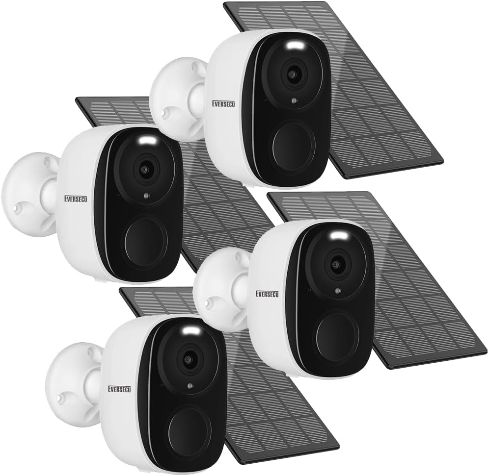 EVERSECU 2K 3MP Solar-Powered Wireless Security Camera Support Pairing Via Bluetooth, Outdoor WiFi Home CCTV Bullet Camera, Spotlight, PIR Motion Detection, 2-Way Audio, Compatible with Alexa(4pack)