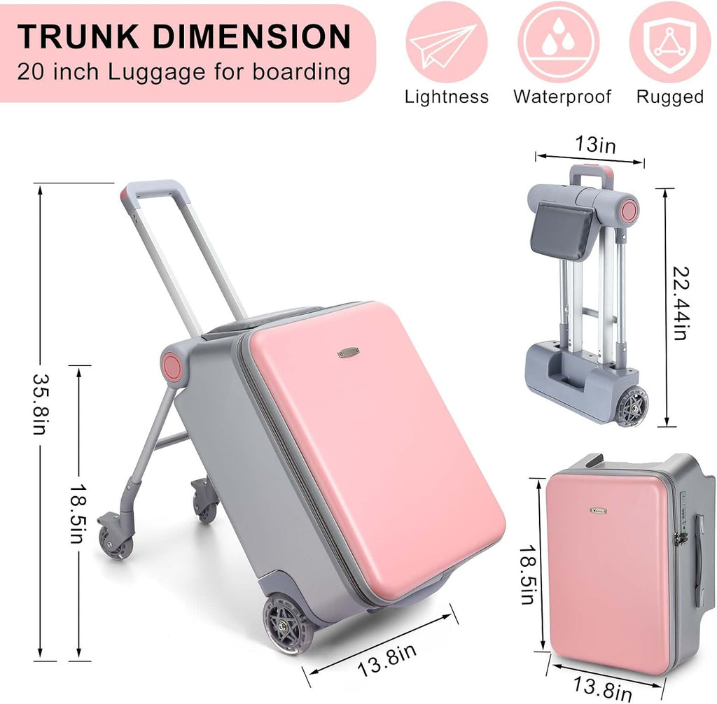 Carry on Luggage with Seat for Kids Expandable Ride on Suitcase with Spinner Wheels and Locks for Travel(Pink)