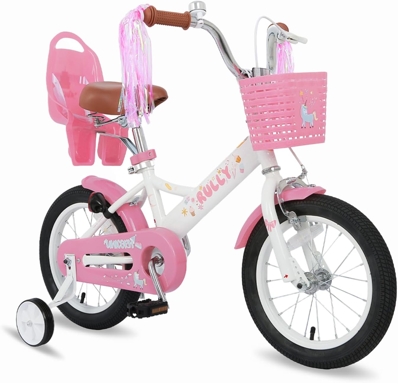 RULLY 14 Inch Unicorn Kids Bike for 3 4 5 Years Girls with Training Wheels & Front Handbrake, Kids Bicycle with Basket Toddler Bike, White