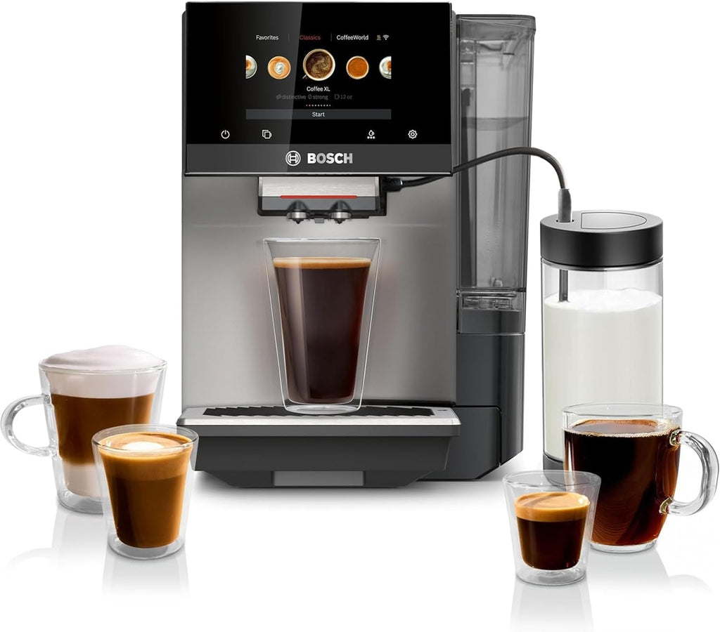 Bosch Fully Automatic Coffee and Espresso Machine - 36 Drinks, Double Cup Barista Style Super Coffee Maker - Touchscreen, Large Bean Capacity - Easy Clean, Maintenance - Metallic Silver - TPU60501