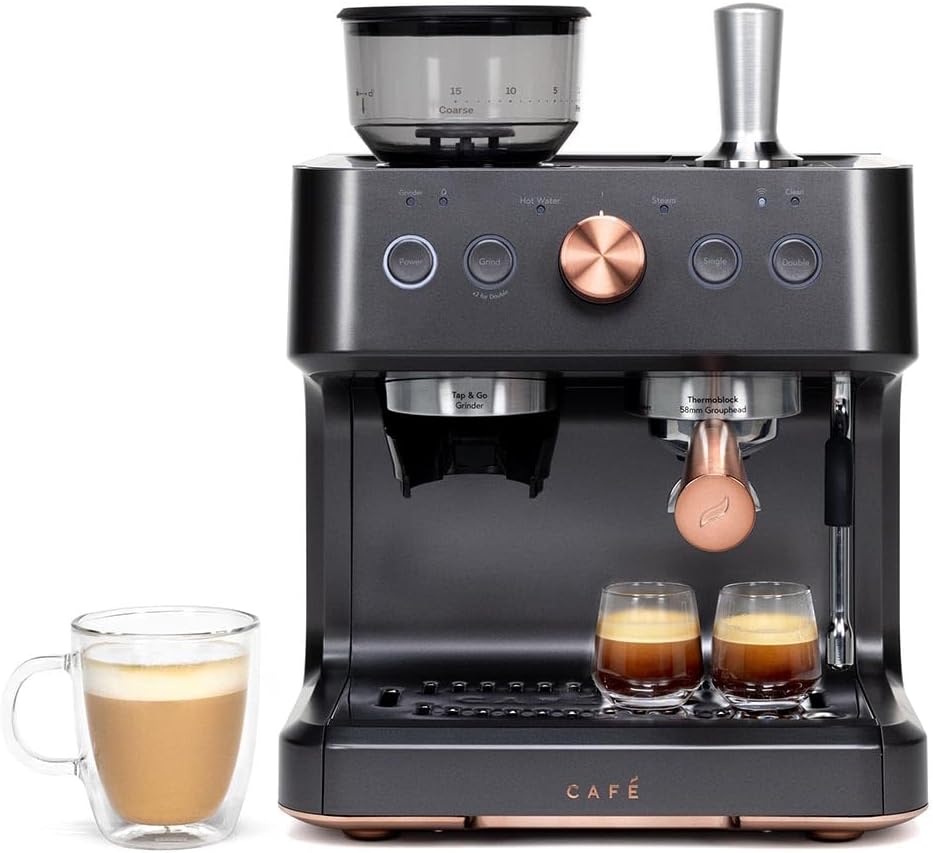 Café Bellissimo Semi Automatic Espresso Machine with Grinder & Milk Frother | Copper Accents | WiFi App Control | Large 95oz Tank | Matte Black