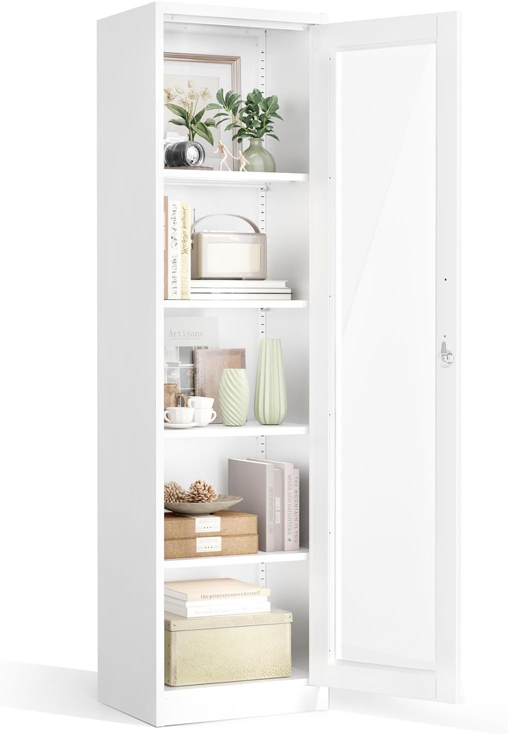 VINGLI Lockable Display Cabinet with Glass Door & 4 Adjustable Shelves, 65' Tall Metal Storage Cabinet Curio Liquor, Bookshelf Bookcase for Home Office Living Room Pantry Garage (White)