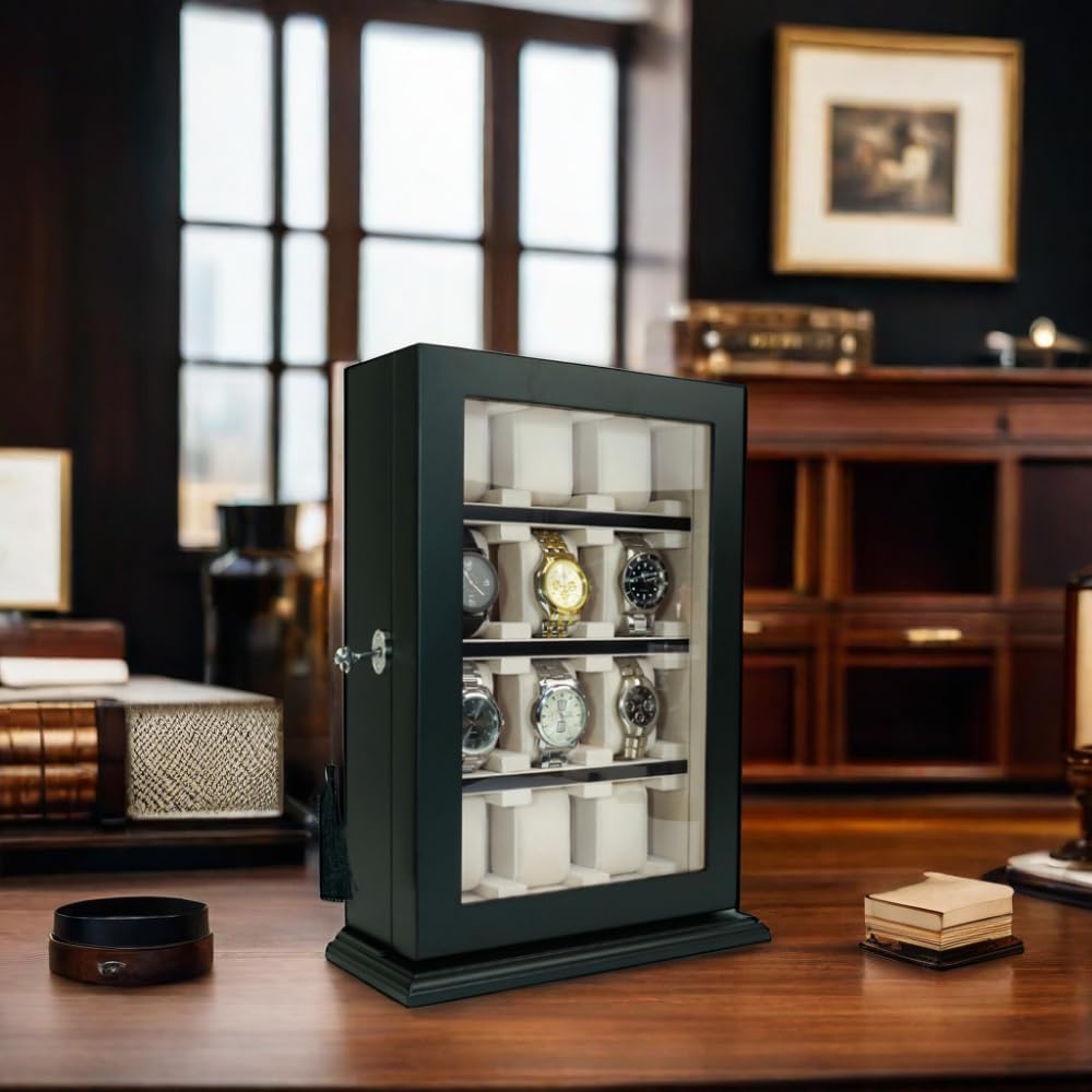 TIMELYBUYS 12 Piece Black Wood Watch Display Wall Hanging Case and Storage Organizer Box and Stand for Oversized Watches