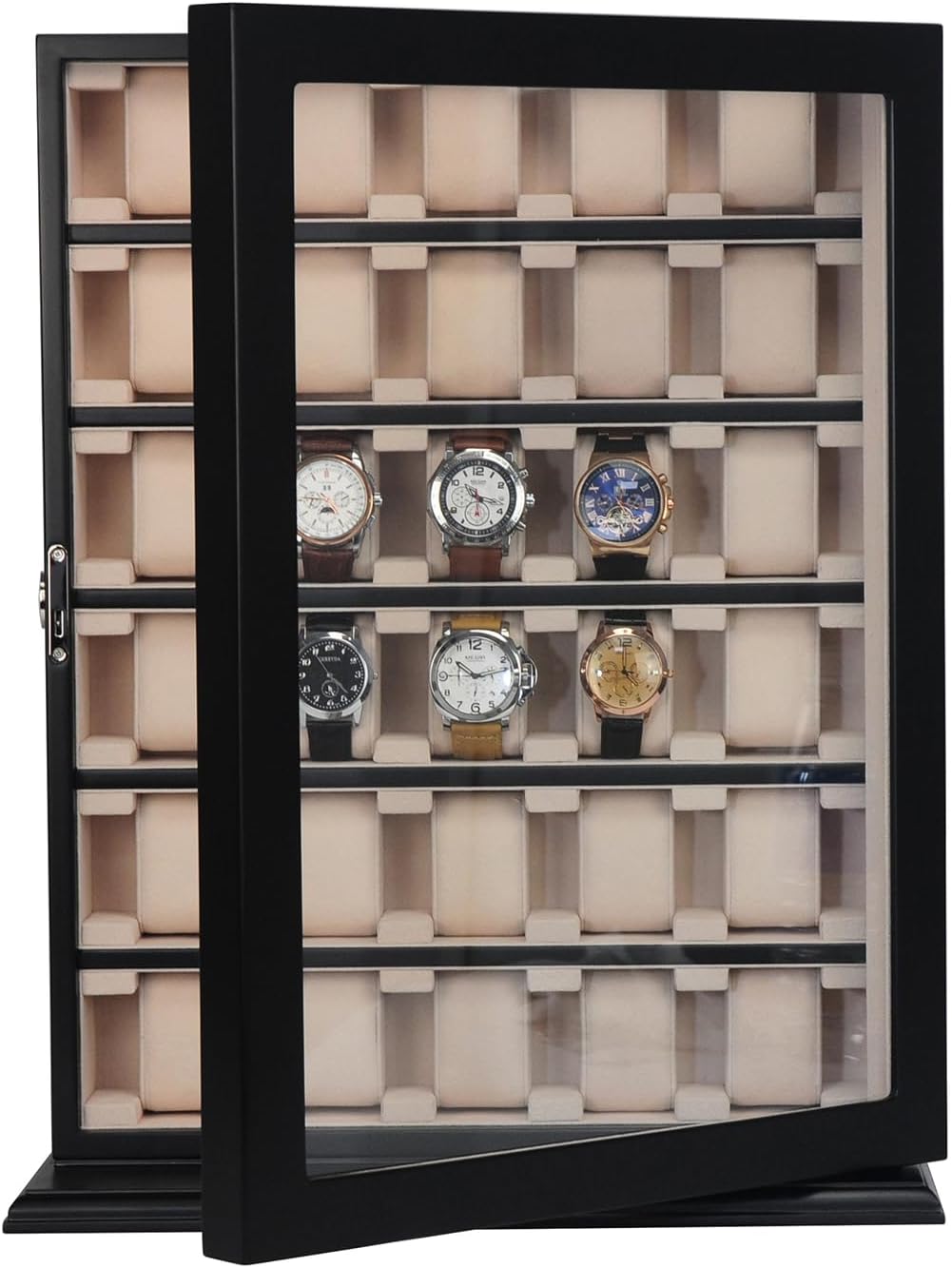 TIMELYBUYS 30 Piece Black Wood Watch Display Wall Hanging Case and Storage Organizer Box and Stand for Oversized Watches