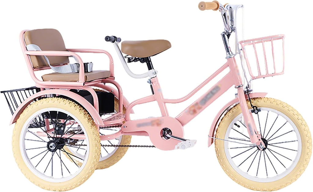 SRNSAEB Pink Gray Green Yellow 3-Wheel Bikes Carrying Passengers, Three Wheel Cruiser Bike Two-Seater Children Tricycle, Double Twins Toy Bicycle with Adjustable Height Seats & Handle(Pink,20in)