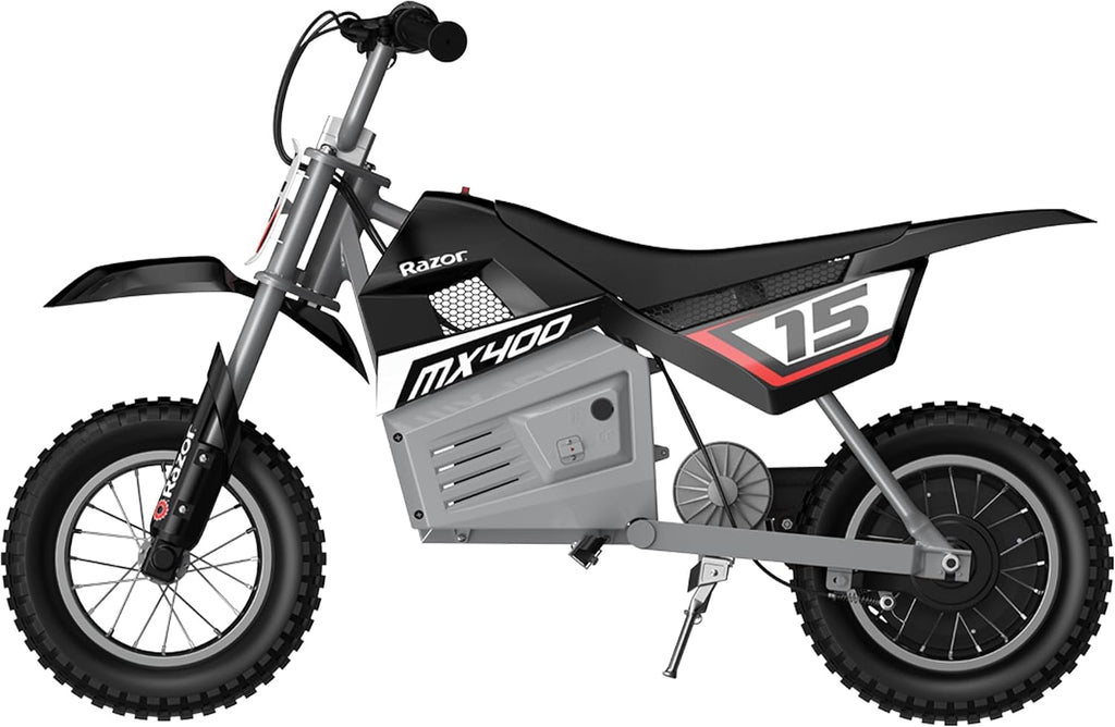 Razor MX400 Dirt Rocket Electric Bike for Kids Ages 8+, 140 lb Max Weight, Black – 24V Battery, Up to 14 Mph, 30-Min Ride Time on High Speed, Twist-Grip Throttle, Spoked Wheels w/ 12' Pneumatic Tires
