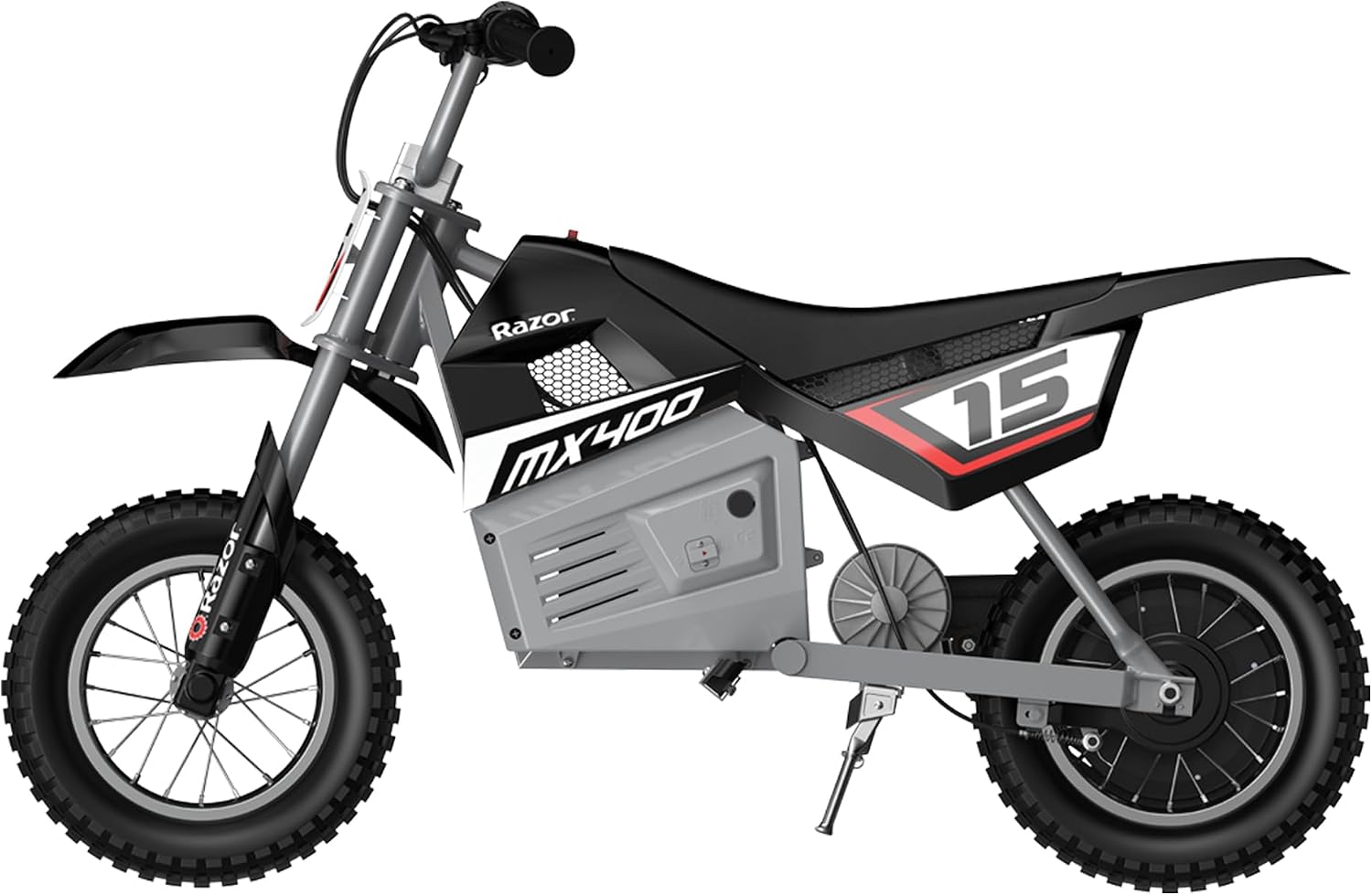 Razor MX400 Dirt Rocket Electric Bike for Kids Ages 8+, 140 lb Max Weight, Black – 24V Battery, Up to 14 Mph, 30-Min Ride Time on High Speed, Twist-Grip Throttle, Spoked Wheels w/ 12' Pneumatic Tires