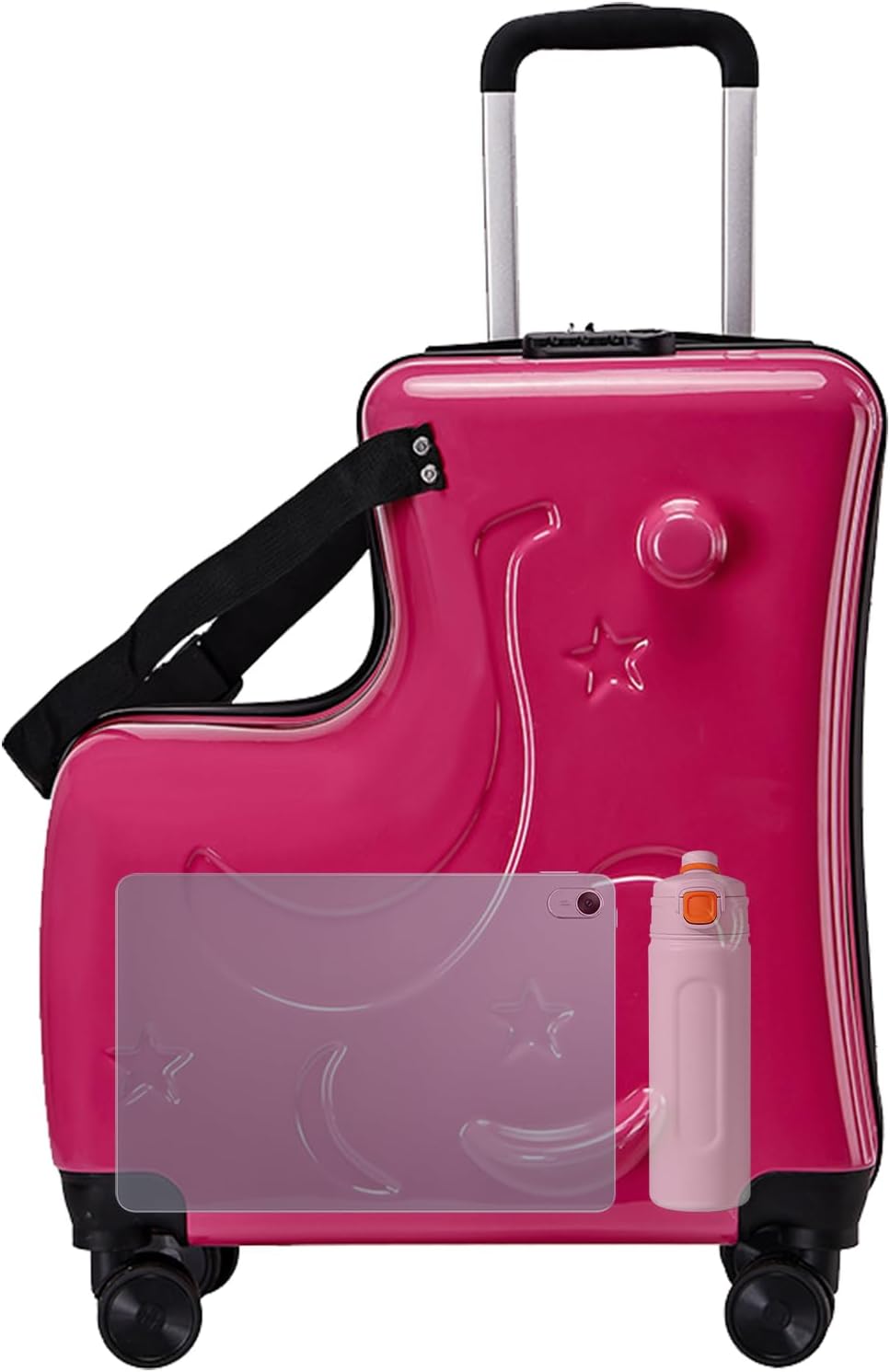 Kids Ride on Luggage - 47x20x57cm Children's Travel Suitcase with 3 Digit Lock, Carry on Trolley Case with Seat Belt, Retractable Handle, Quiet Wheels | Ride Suitcase for Airports, Travel Gear