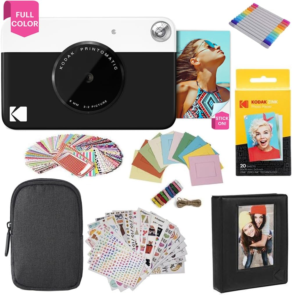 KODAK Printomatic Full-Color Instant Print Digital Camera Colorful Photos On Zink 2x3' Sticky-Back Photo Paper 5MP Gift Bundle: Case + Zink 2x3' 20pk + Album + Stickers + Frames + Markers - Black