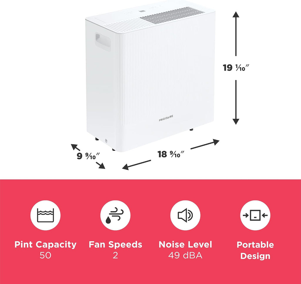 Frigidaire 50-Pint Portable Dehumidifier with Wi-Fi and Energy Star Certification for Medium/Large Rooms & Basements, Custom Humidity Control, Auto Shut Off, White