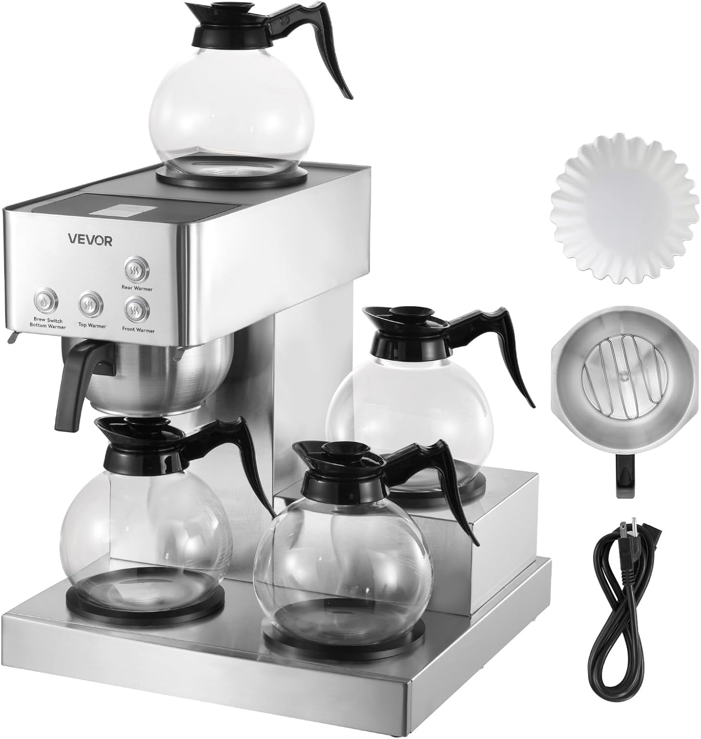 VEVOR Commercial Drip Coffee Maker, 12 Cups Coffee-Maker Machine with 4 Glass Carafes and 4 Decanter Warmer Plates, Stainless Steel Drip Style Coffee Brewer, for Restaurant, Office, Coffee Shop & Home