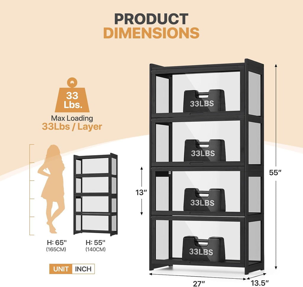 Magshion Display Cabinet with Acrylic Doors, 4-Tier Curio Cabinet for Collectibles, Display Case Showcase for Living Room, Office, 27.5'(L) x 13.5'(W) x 55'(H), Black