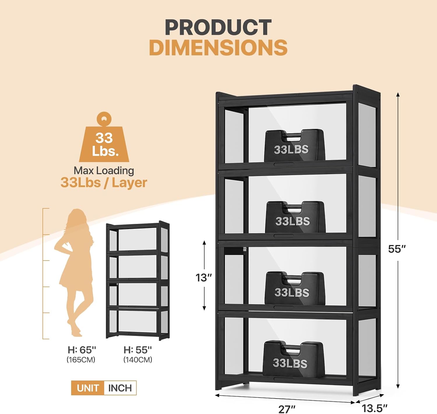 Magshion Display Cabinet with Acrylic Doors, 4-Tier Curio Cabinet for Collectibles, Display Case Showcase for Living Room, Office, 27.5'(L) x 13.5'(W) x 55'(H), Black