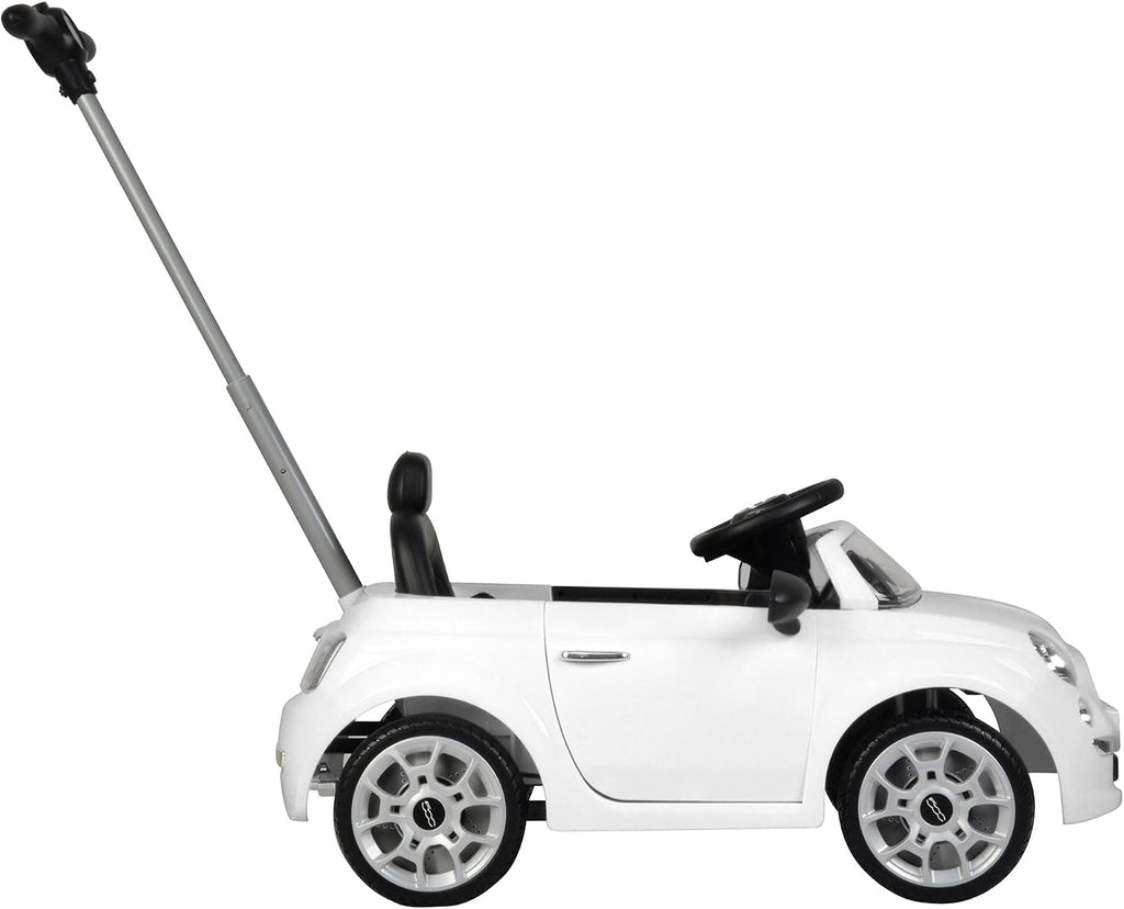 BEST RIDE ON CARS Fiat 500 Push Car for Kids, White, Stroller, Adjustable Handle, Music, Stable Wheels, Safety Belt, Multi-Functional Steering Wheel