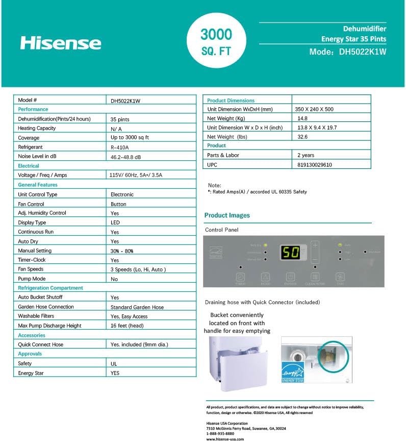 Hisense 35-Pint Dehumidifier, 3 Speed (Lo,Hi, Auto ), Noise Level 48 dB, Compact size, Auto shut-off, 115v, Up to 3000 sq ft, DH5022K1W - (Renewed)