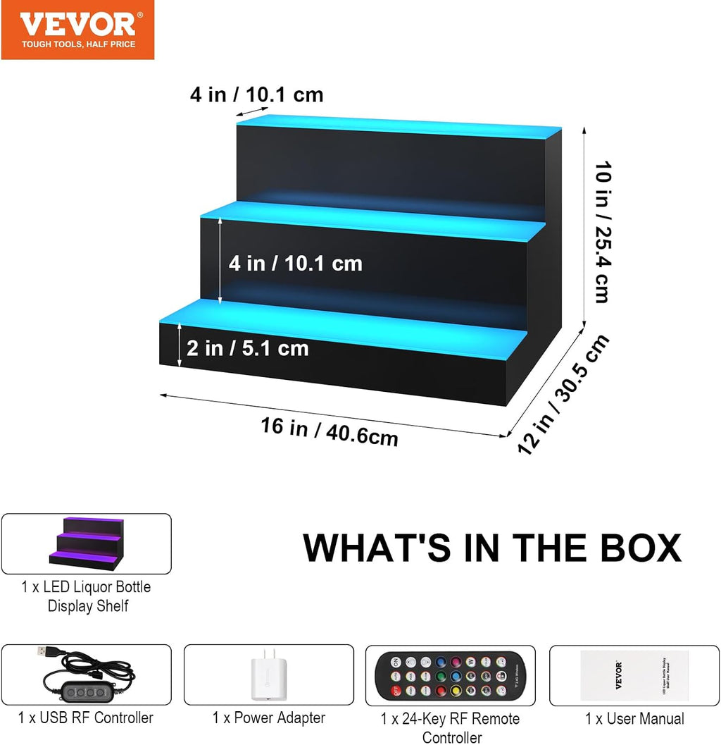 VEVOR LED Lighted Liquor Bottle Display, 3 Tiers 16 Inches, Supports USB, Illuminated Home Bar Shelf with RF Remote & App Control 7 Static Colors 1-4 H Timing, Acrylic Lighted Shelf for 12 Bottles
