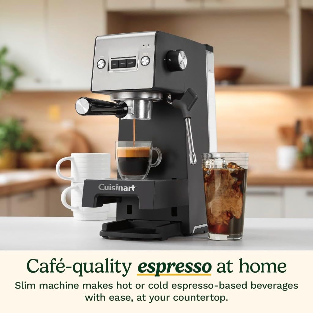 Cuisinart Espresso Bar Slim Coffee Espresso Machine, Makes Hot or Cold Cafe-Quality Beverages Including Cappuccino, Lattes, and Cold Extracted Drinks, Steam/Frothing Wand for Milk-Based Drinks,EM-160