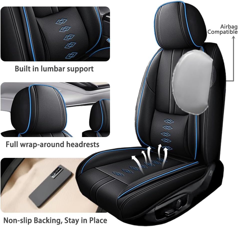 Front Seat Covers for Chevrolet Blazer EV 2024 2025,Leather Car Seat Cover,Soft Seat Cushion Covers with Airbag,Waterproof Automobile Seat Protectors for Blazer EV(Black Blue,Deluxe)