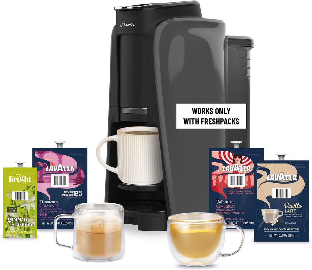 Flavia Aroma Brewer Bundle with 84 Freshpacks and 1 Merchandiser - Coffee Machine, Makes Coffee, Lattes, Tea, and other Hot or Iced Beverages, Multiple Brew Sizes, Grey, Works ONLY with Freshpacks